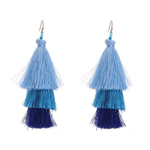 Blue Spring Tassel Dangle Drop Earrings - Picture 1 of 7